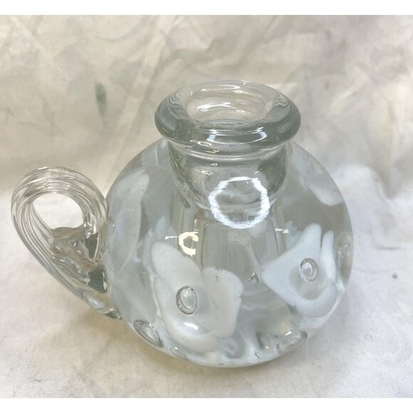 1973 St Clair White Flower Controlled Bubble Glass Candleholder Paperweight NOS - Picture 1 of 5